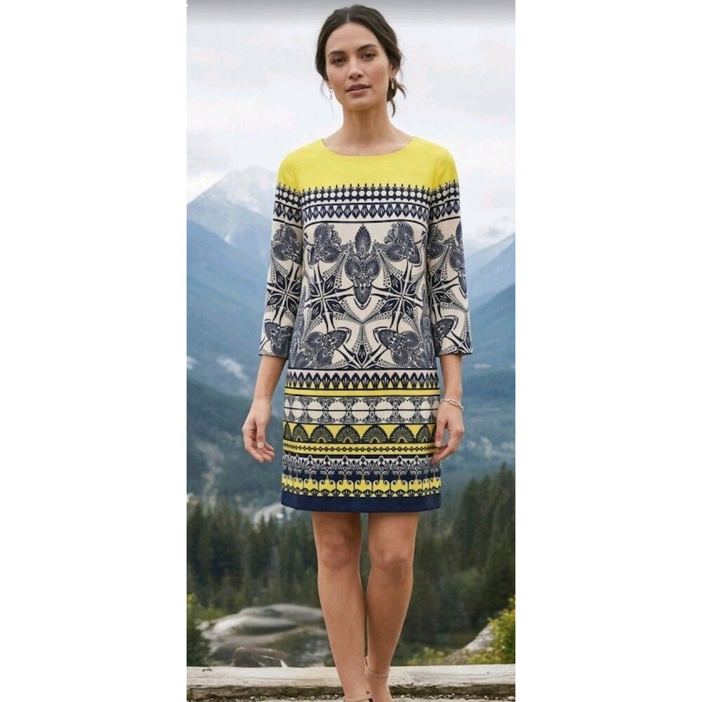 Crown & Ivy Dress Size Petite 2P Yellow/Blue Lined 3/4 Sleeve Geometric Design